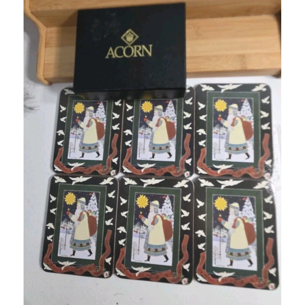 Acorn Christmas Coasters Boxed Set 6 Old World Santas Cork Backed Cate Mandigo